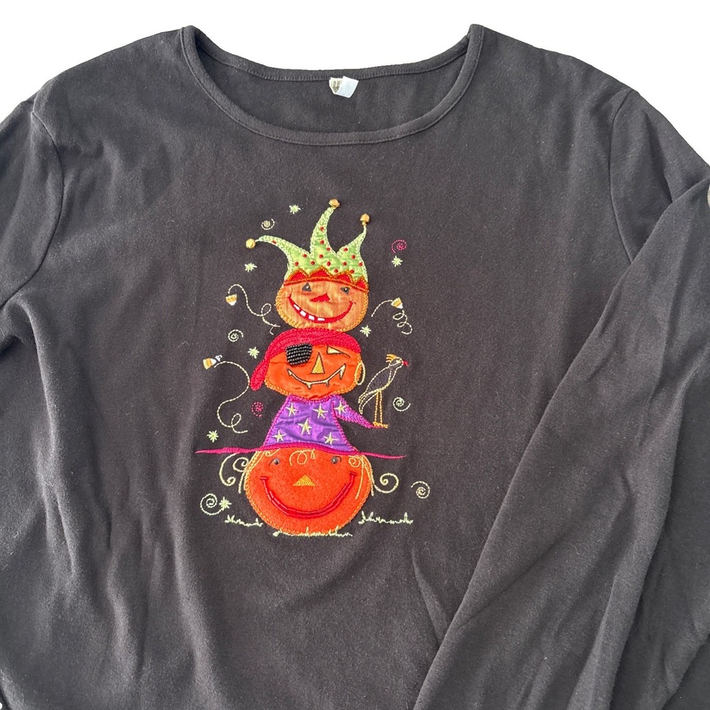 Vintage Womens XL Black Halloween Applique Shirt Pumpkin Pirate Jester Bling top
